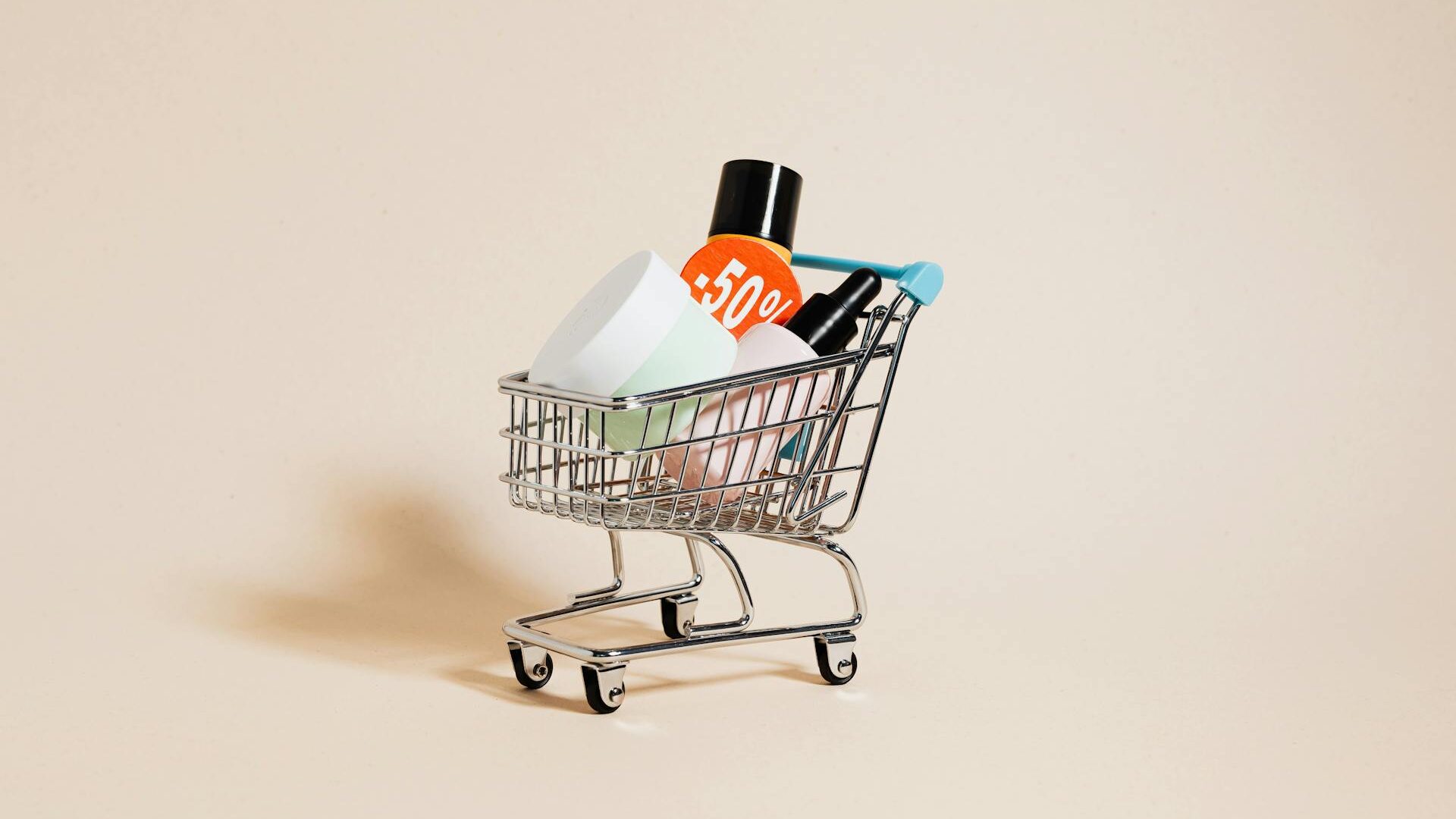 Mini shopping basket with products in it.